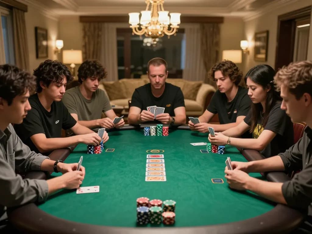 CM88 players strategizing in an intense home poker game with golden lighting and colorful chips