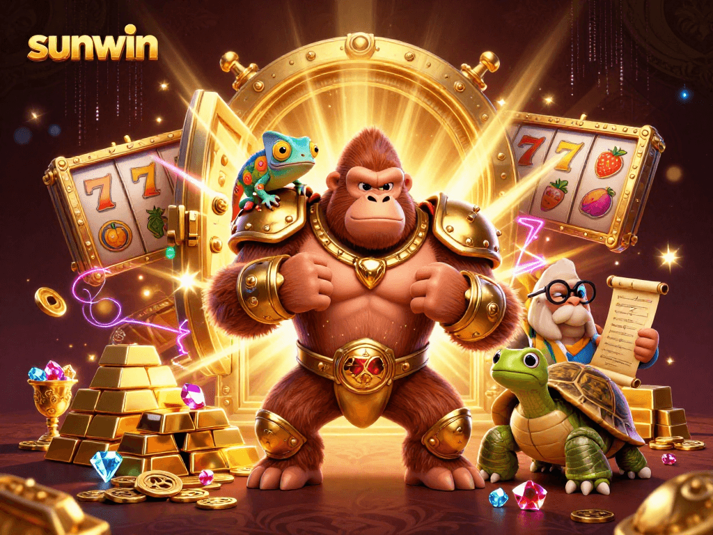 Experience grand winnings with sunwin as powerful characters explore riches in a vibrant casino.