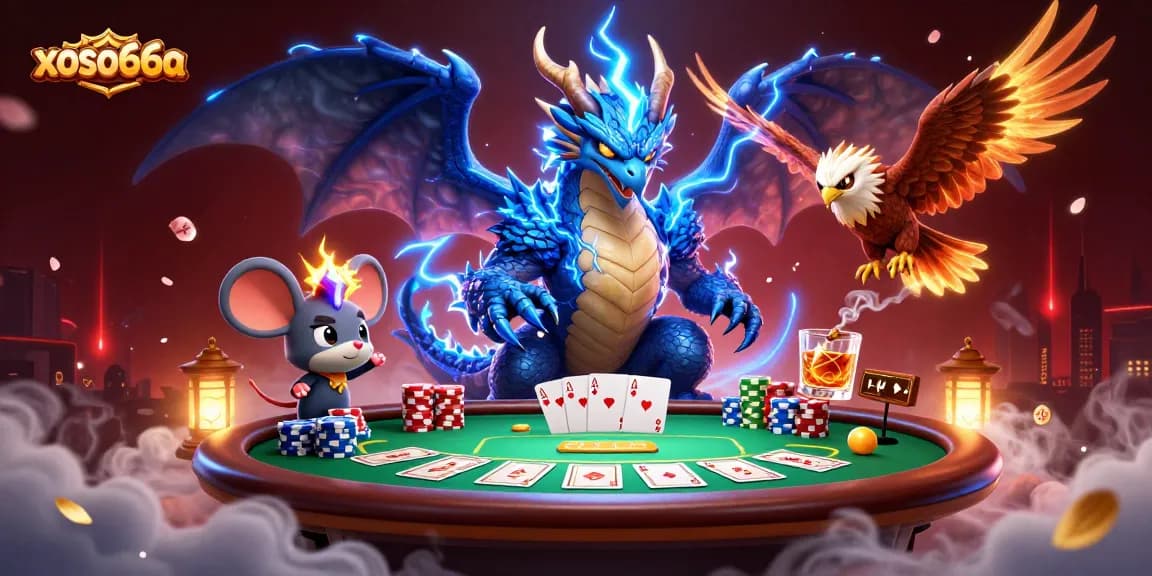 Engage with xoso66a's thrilling poker showdown featuring a thunder dragon and vibrant casino elements.
