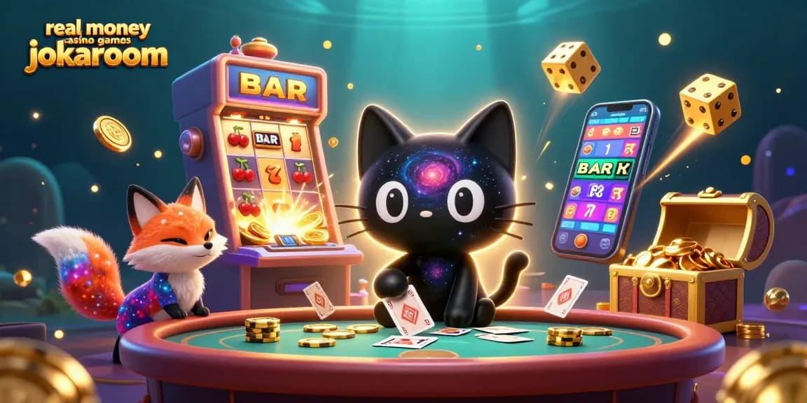 Experience thrilling real money casino games jokaroom with a cosmic 3D illustration of playful casino characters.