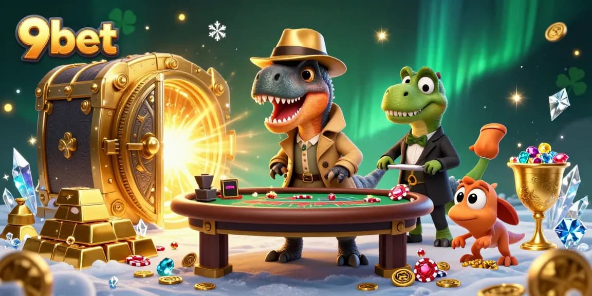 9bet showcases a thrilling blackjack scene with a velociraptor card counter and vibrant casino treasures.