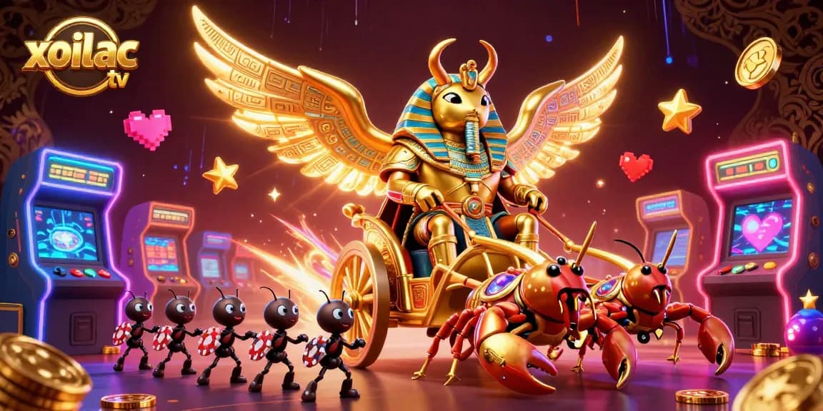 Xoilac TV players engage with thrilling slots and games in vibrant 3D cartoon style illustration.