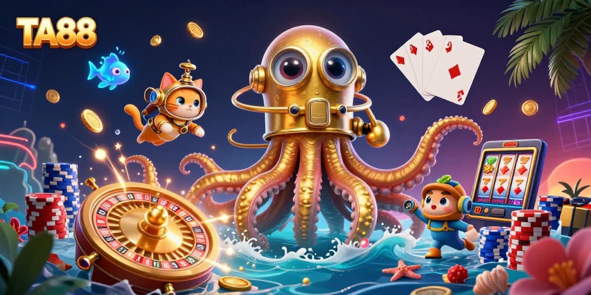 Experience TA88's excitement with a vibrant kraken and diving cat in a dazzling casino scene.
