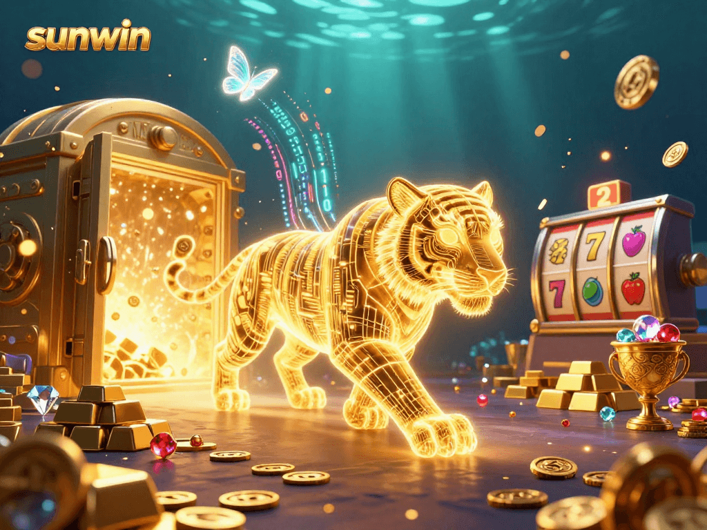 Join the sunwin casino experience with a dynamic 3D illustration showcasing vibrant slot games and treasures.