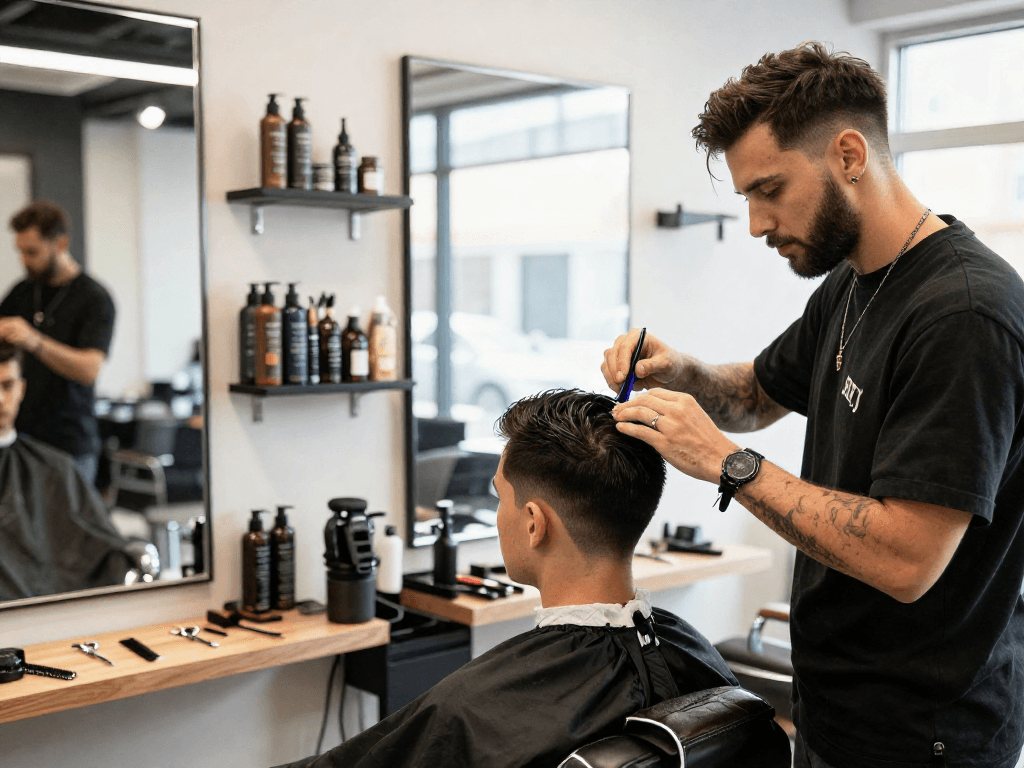 Client receiving a stylish haircut at rokok88 barber shop with modern tools.