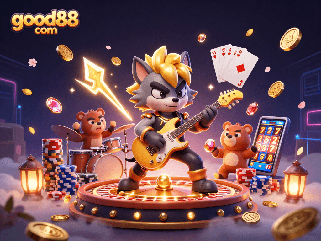 Engage in thrilling gameplay at good88 com with our 3D casino digital art featuring a rock star wolf.