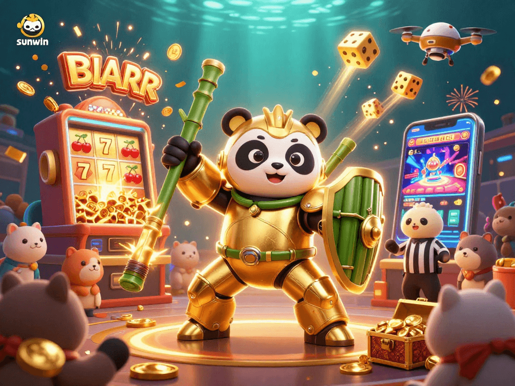 Experience thrilling action with sunwin's animated scene featuring vibrant casino elements and a golden panda pilot.