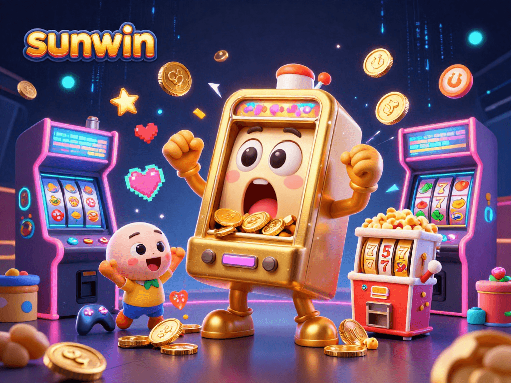 sunwin slot machine hitting jackpot in an exciting 3D gaming illustration with coins pouring out.