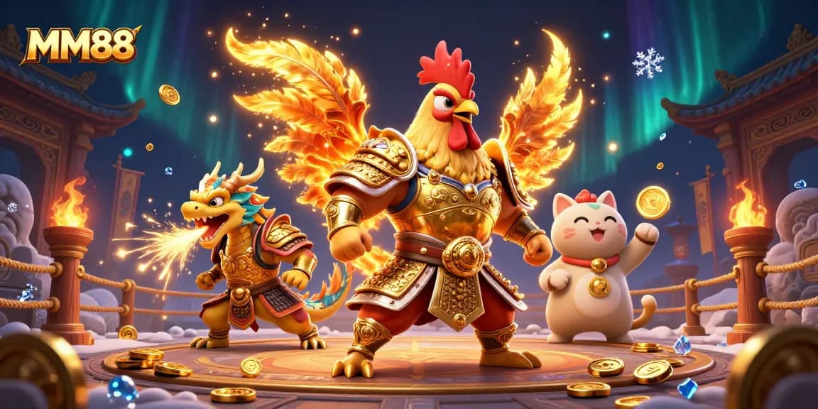 Experience exciting gaming at MM88 with a fighting rooster warrior and dragon hatchling.