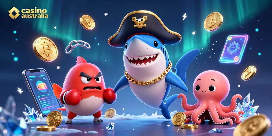 Experience the lively action of virtual gaming at casino australia, featuring a colorful cartoon pirate shark, pufferfish sidekick, and octopus holding gold coins.