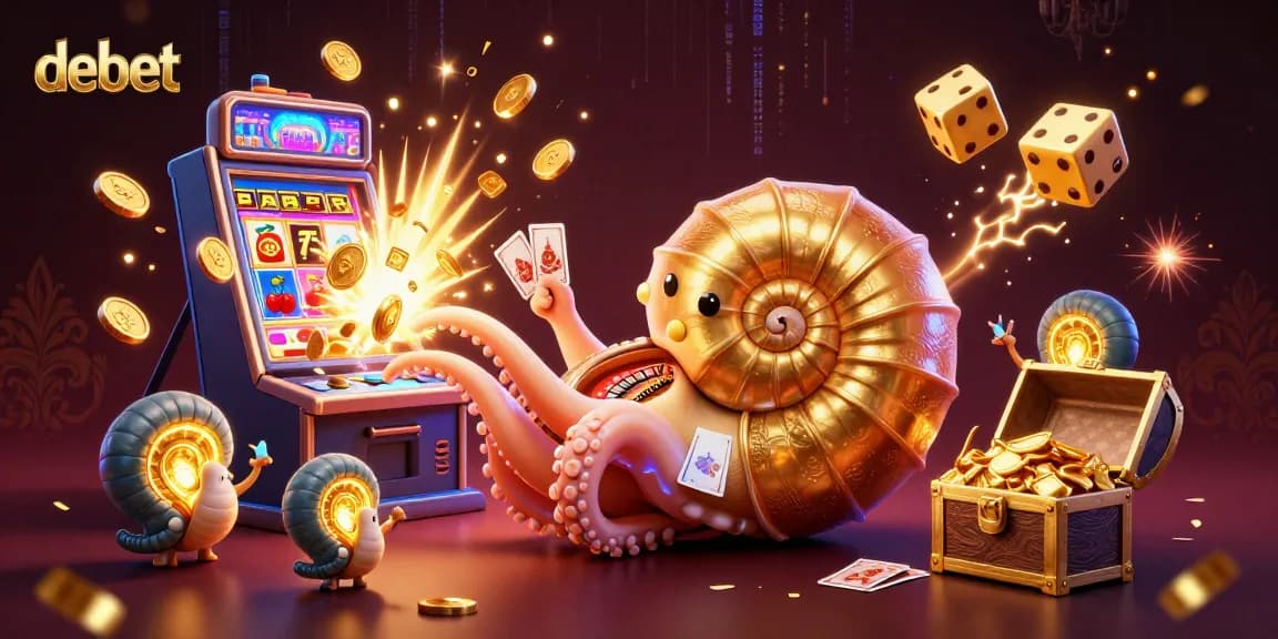 Experience the excitement of debet with a vibrant 3D casino scene featuring a giant nautilus, roulette elements, and slot machine jackpots.