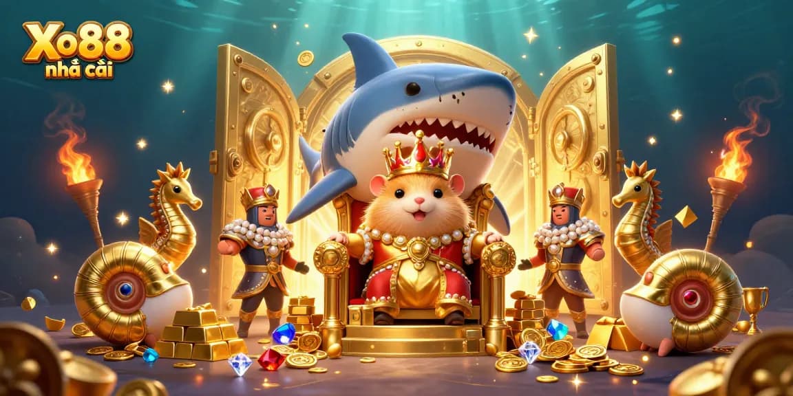 Xo88 nhà cái showcases a fierce golden hamster king in a dynamic casino treasure scene.