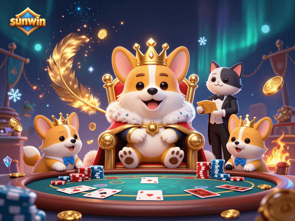Engage with sunwin at an exciting poker scene featuring a royal corgi and lively characters.
