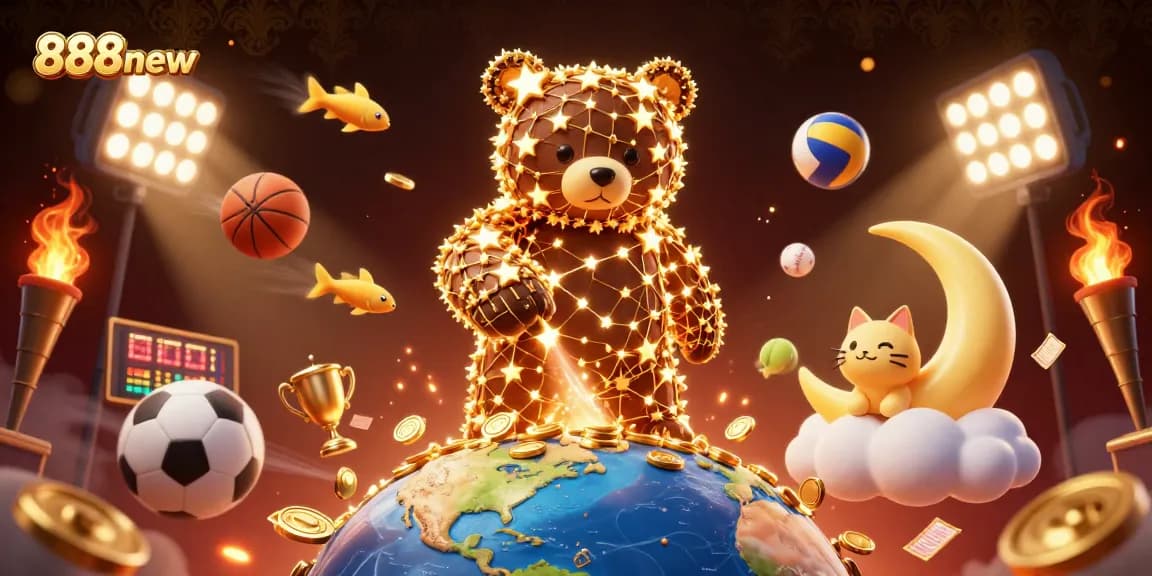 Engage with 888new's vibrant casino scene featuring a constellation bear and animated sports elements.