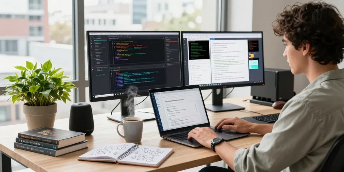 Build internal tools with AI in a modern digital workspace with natural light and vibrant décor.