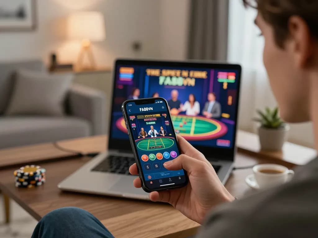 Player using FA88VN app for live casino gaming on smartphone in modern home setting