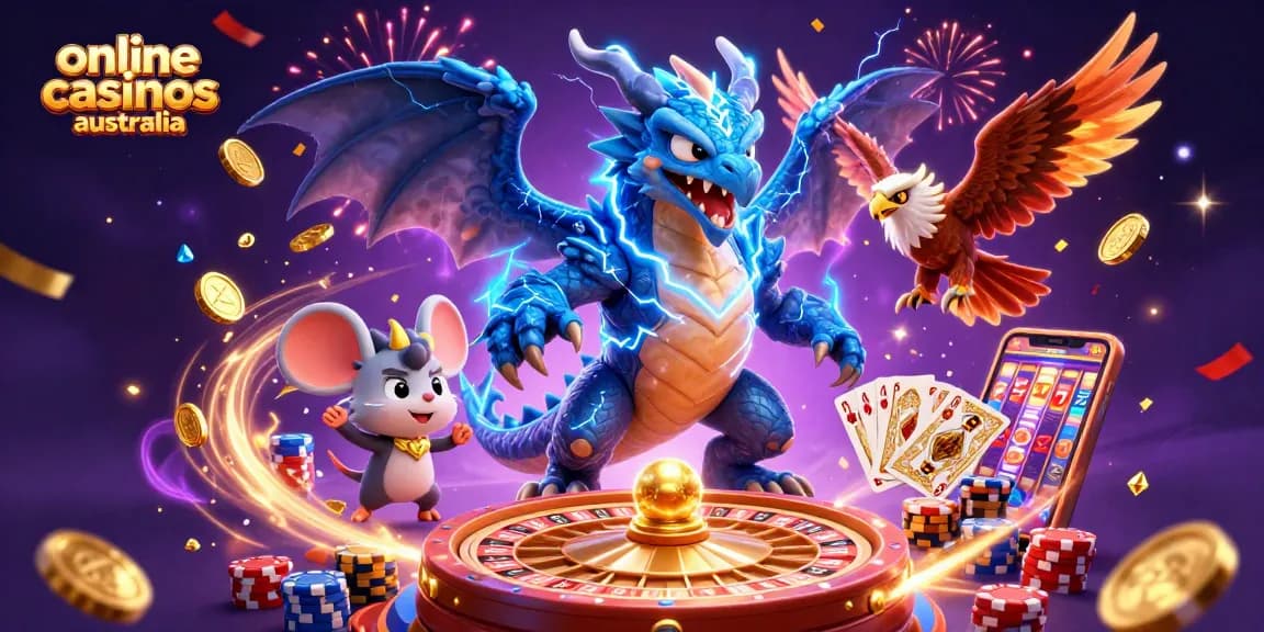 Explore vibrant gaming adventures at online casinos Australia with animated characters and exciting elements.