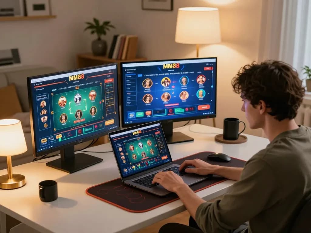 Engaged player using MM88 platform on laptop for interactive online casino gaming