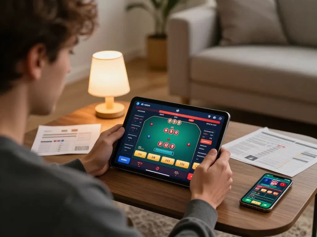 Engaging in đăng nhập gg88 on a tablet while analyzing poker strategies in a cozy setting.