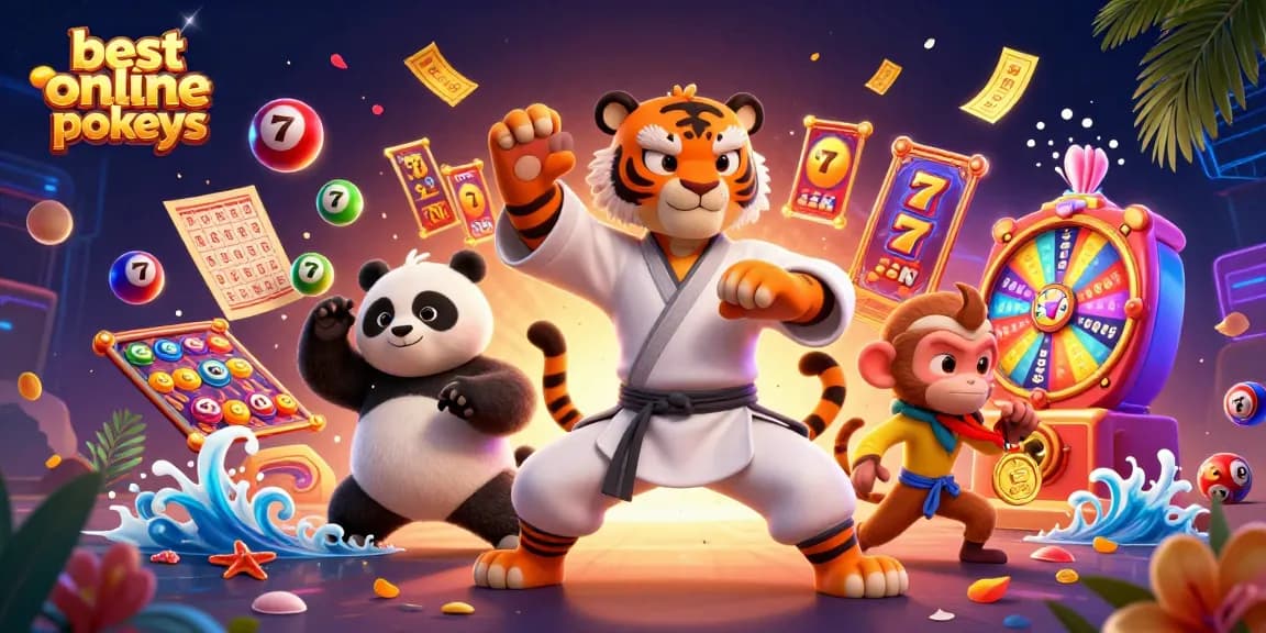 Experience the best online pokies with a dynamic scene featuring a kung fu tiger master and casino elements.