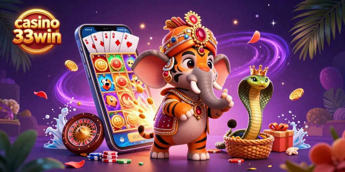 Experience the thrill of casino 33win with an opulent scene featuring a maharaja, elephant, and cobra surrounded by games.