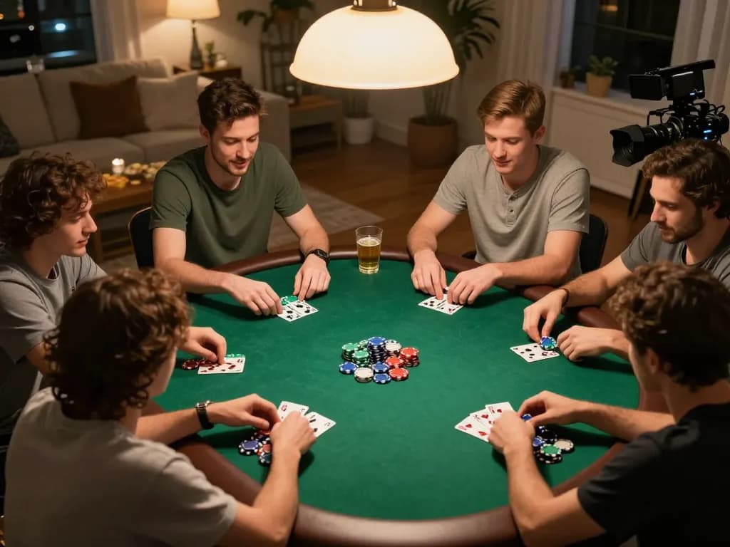 Friends enjoying a poker night at home while strategizing with taixiuvn