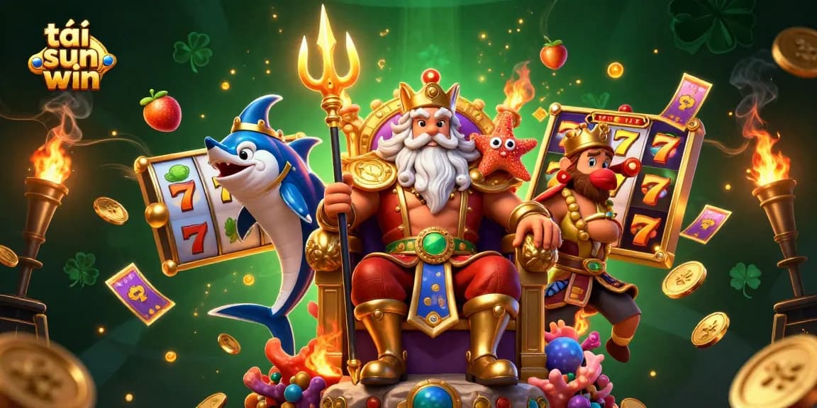 Engage in thrilling gameplay with tải sun win, featuring a vibrant scene of Neptune, samurai, and starfish amidst slot reels and golden trophies.