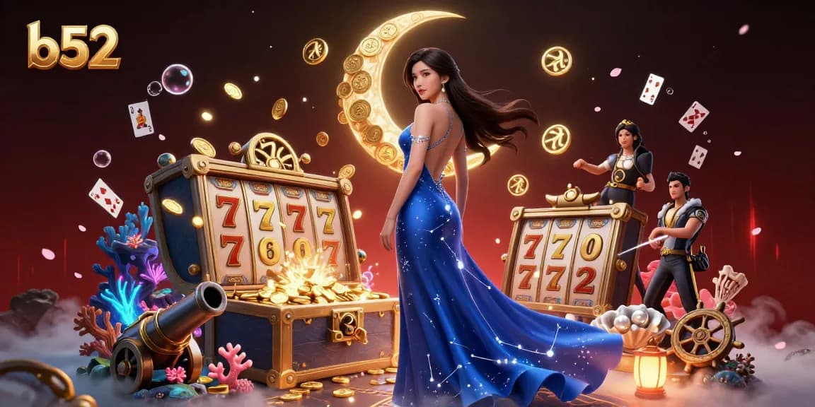 B52 slots jackpot scene with an elegant Asian woman amid glowing casino treasures and underwater elements.