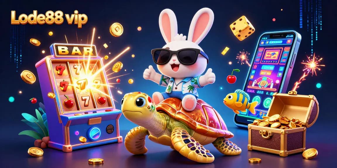Lode88 vip brings excitement with a lucky rabbit and golden turtle in a vibrant casino scene.