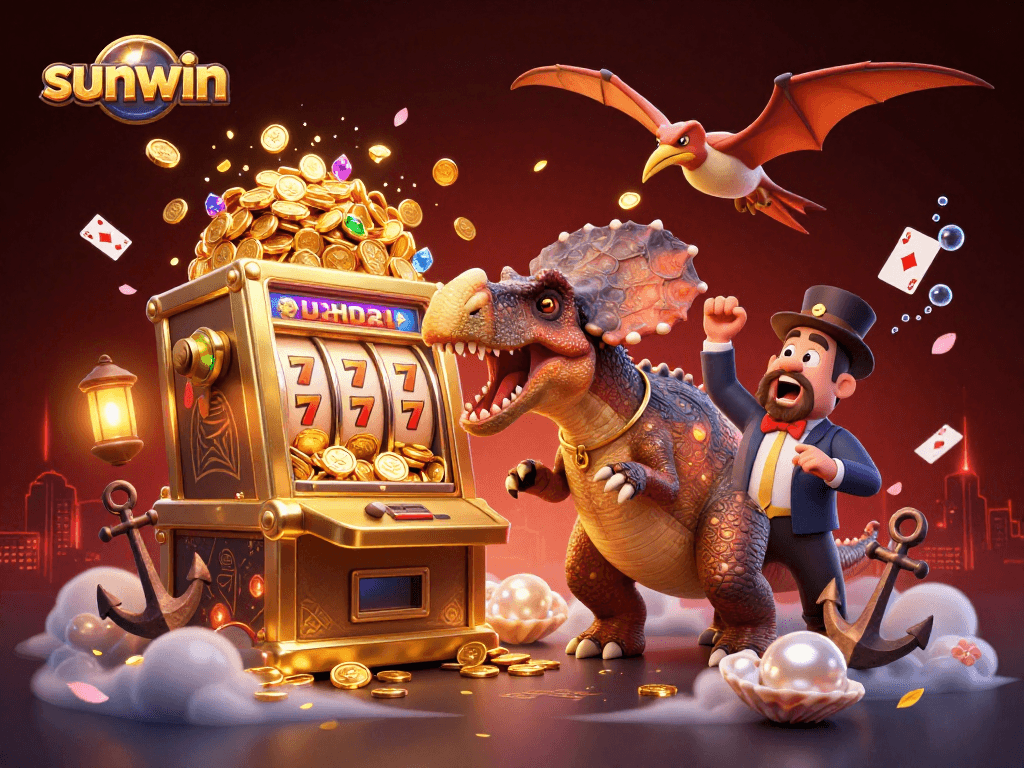 Sunwin's exciting slot scene featuring a dinosaur jackpot frenzy in a thrilling casino battle.