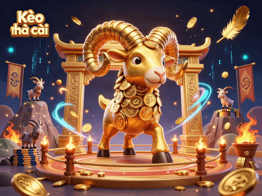 Kèo nhà cái showcases a dynamic scene with a golden ram charging, surrounded by colorful casino elements and energetic atmosphere.