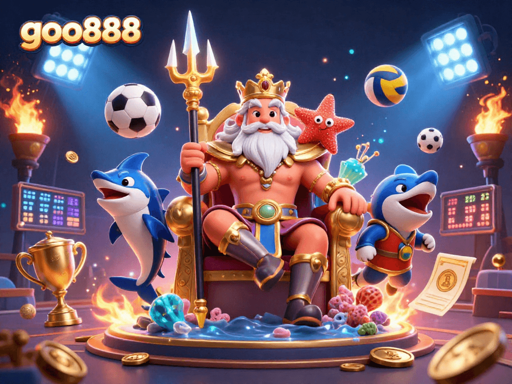 Experience vibrant sports betting at goo888 with Neptune and samurai in a dazzling underwater scene.