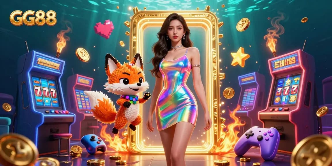 Experience the excitement of GG88 with colorful slot reels and vibrant game elements in an energetic casino scene.