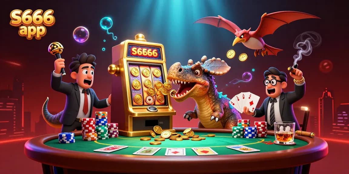 Experience the excitement of the S666 app with a cartoon pachycephalosaurus hitting a jackpot in a vibrant casino.