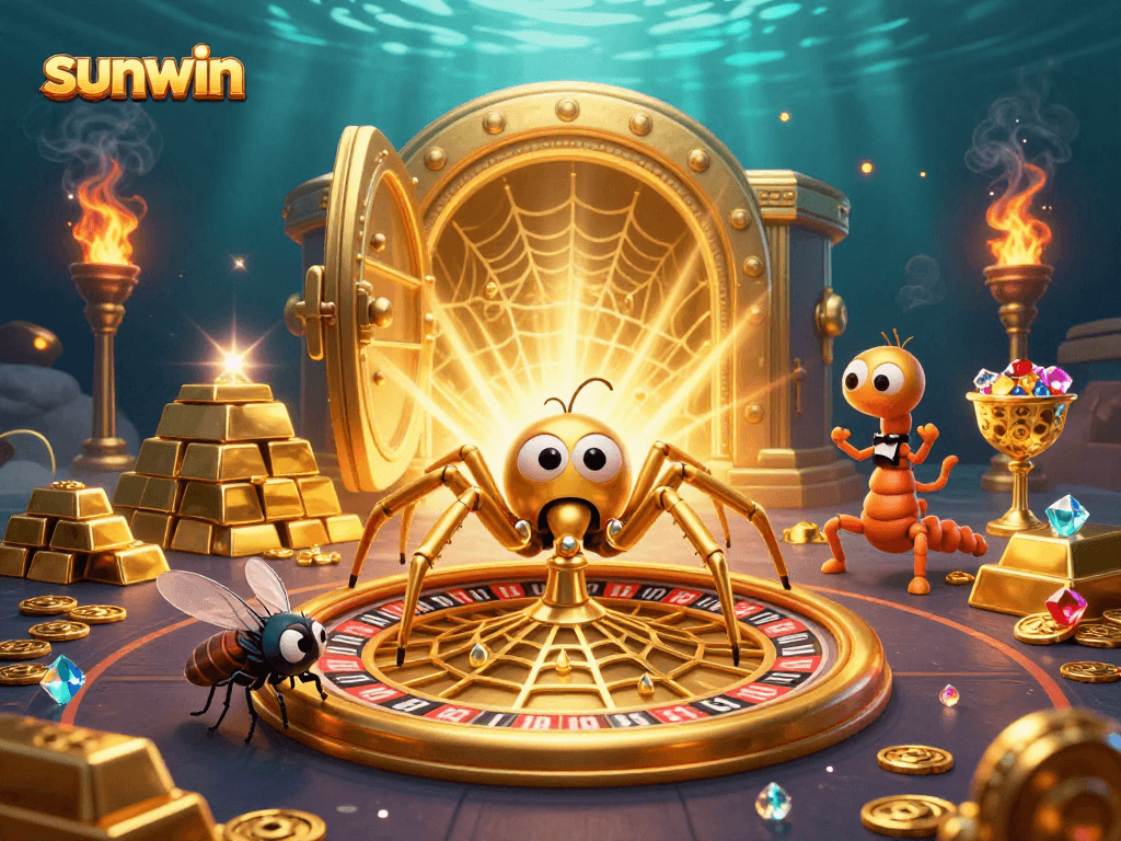 Experience the thrill of betting at sunwin with a golden spider and croupier in an exciting casino scene.