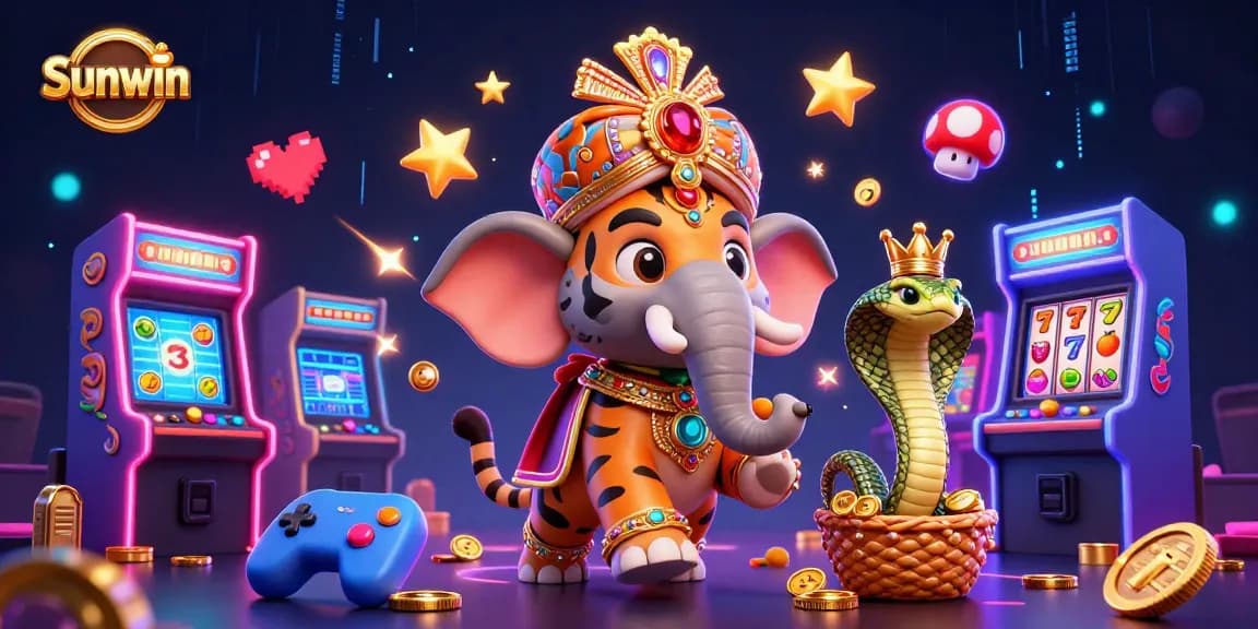 Join the excitement at Sunwin with this vibrant illustration featuring an Indian maharaja tiger and an elephant amidst colorful gaming elements.