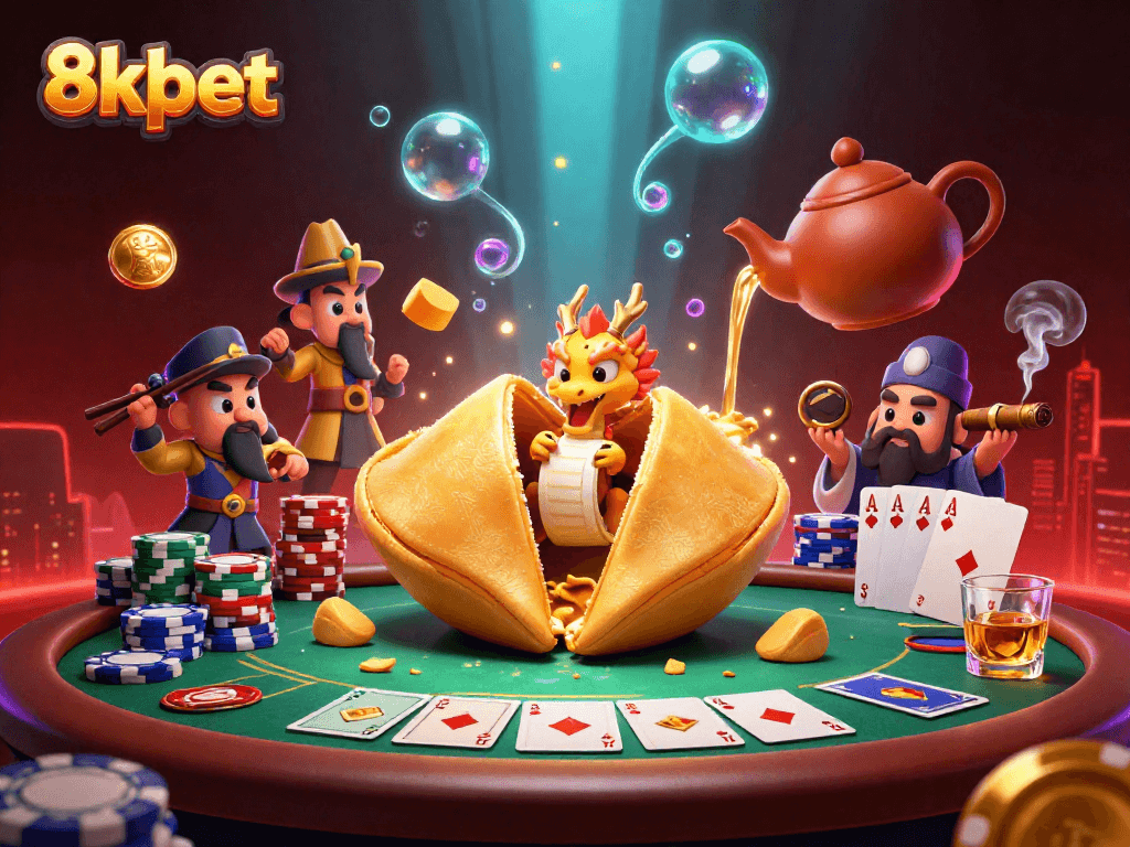 Engage in thrilling gameplay at 8xbet with a dynamic poker scene surrounded by whimsical characters and golden treasures.