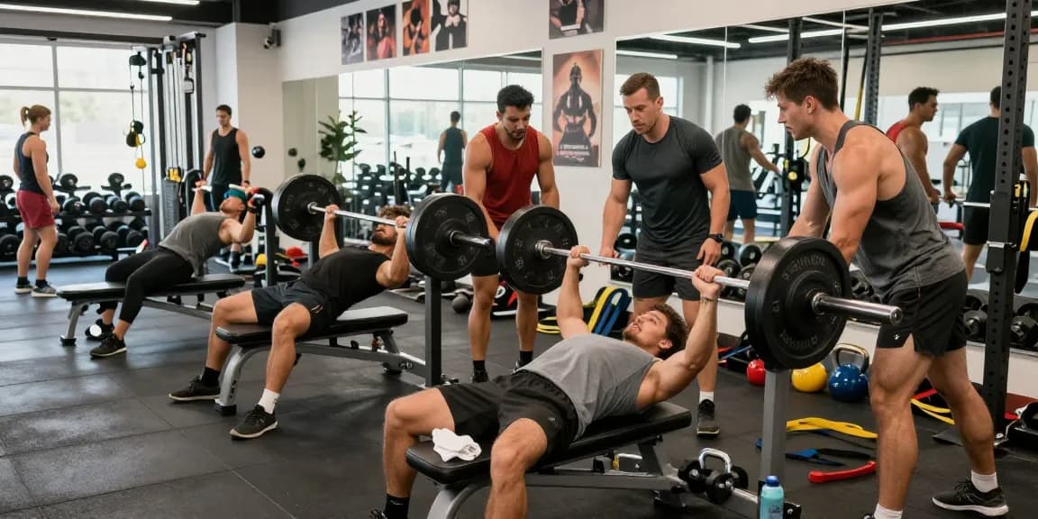 Atletas comprometidos en el centro de fitness Esteroidesshop realizando levantamiento de pesas, mostrando energía y camaradería.