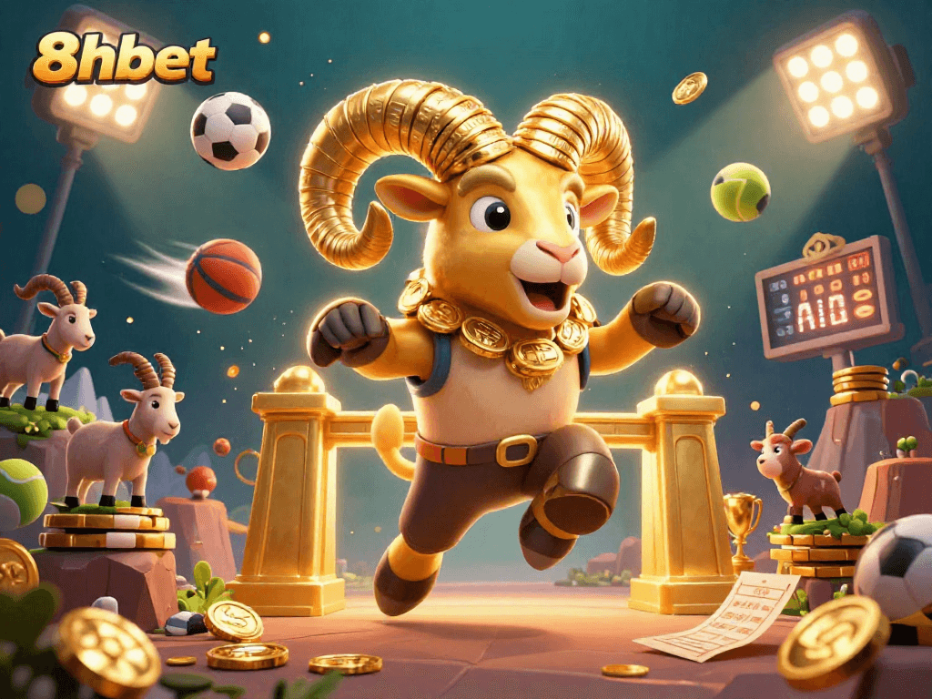 Experience thrilling gameplay with 8xbet's vibrant 3D casino scene featuring a golden ram and sports elements.