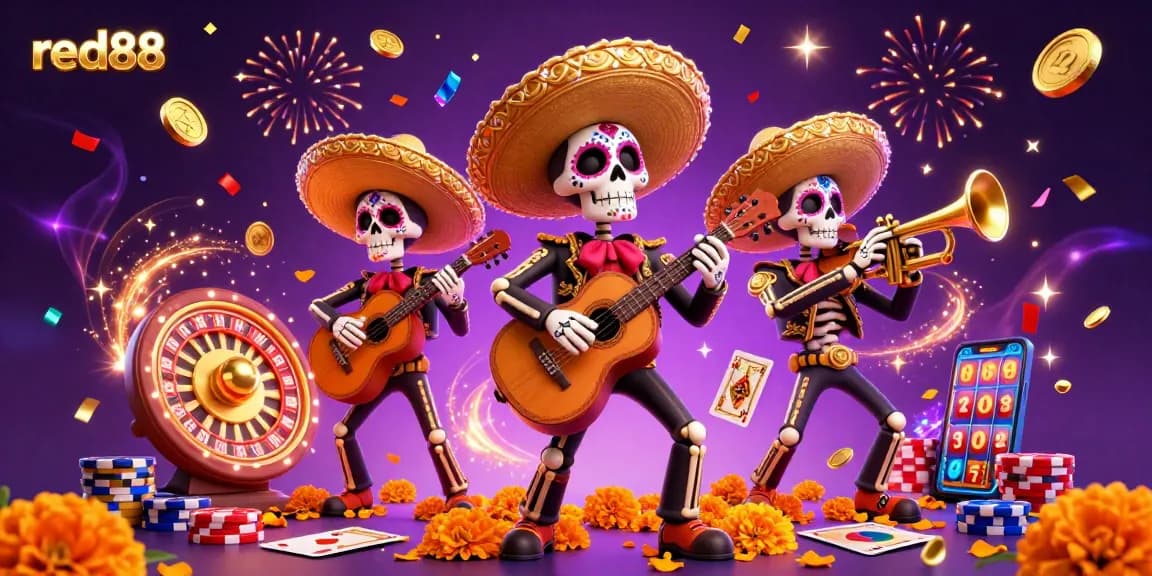Experience the excitement of red88 with a vibrant mariachi band and casino elements in this lively illustration.