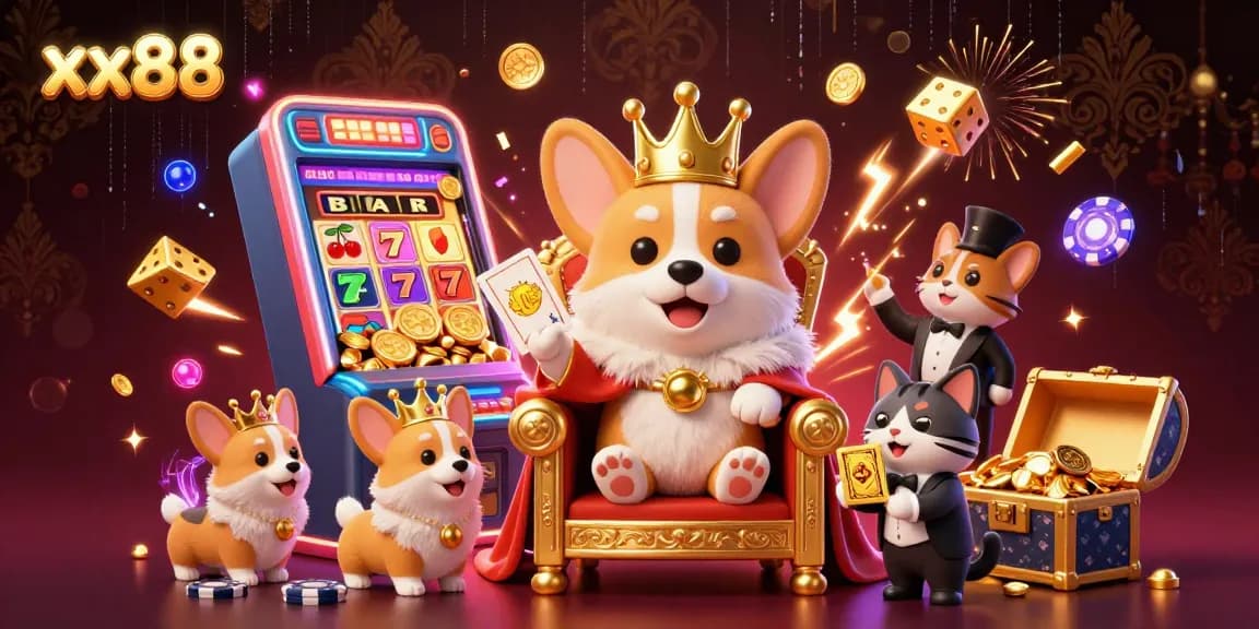 Spin the reels at xx88 with a royal corgi and dazzling casino elements in this dynamic 3D illustration.