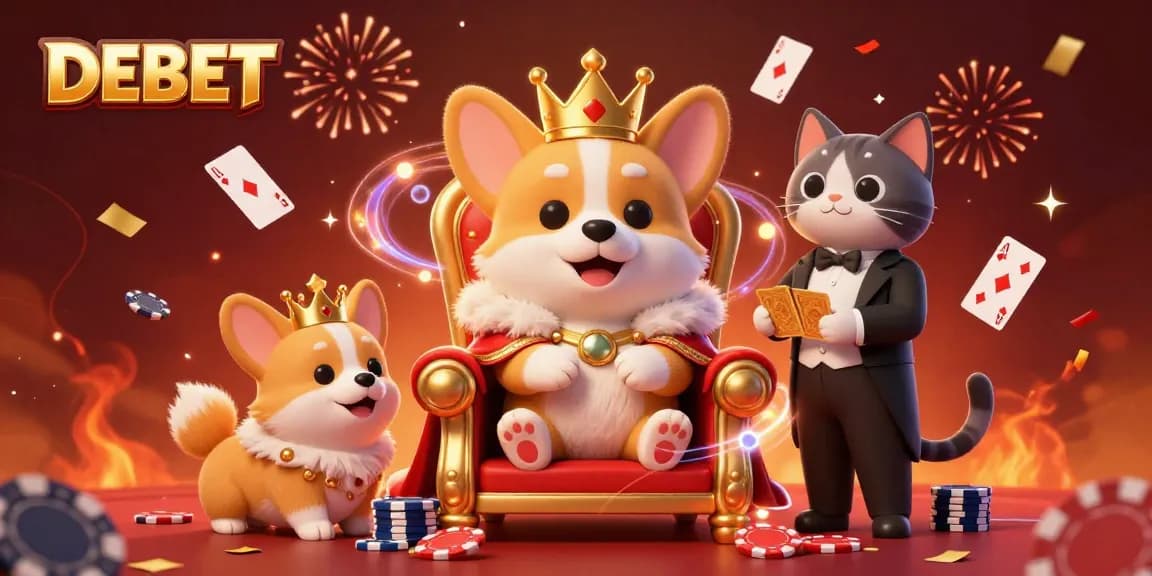 Experience thrilling moments at DEBET with a regal corgi and casino card games in action.