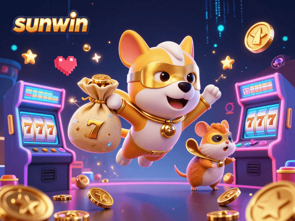 Experience the thrill of sunwin with a superhero dog collecting coins in a vibrant casino scene.