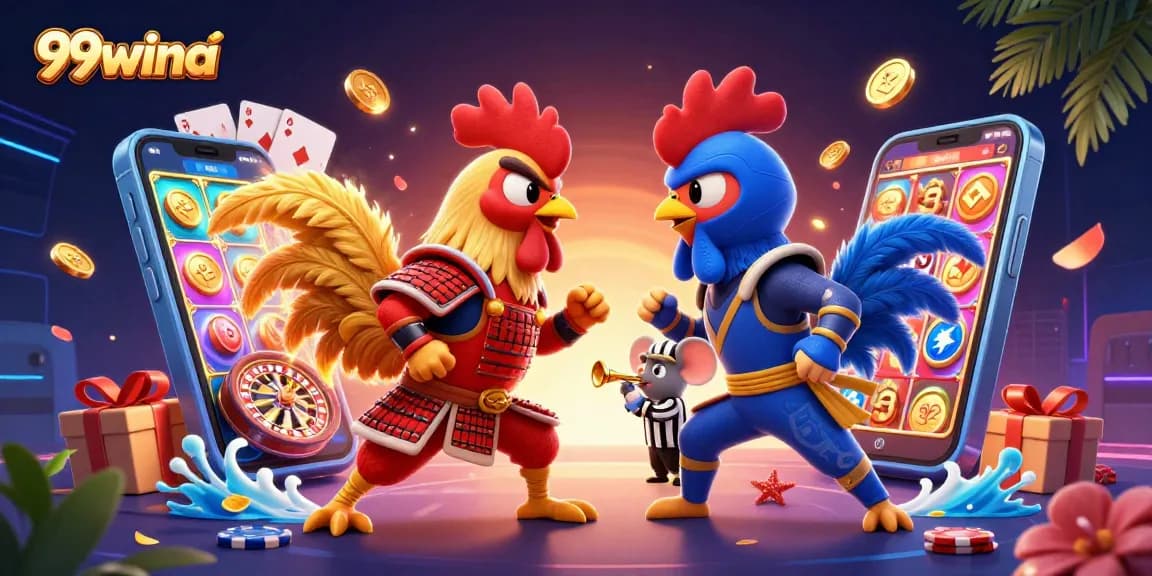 Experience the thrill of 99wina with a dramatic rooster showdown amidst colorful gaming elements.
