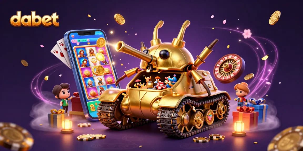 dabet showcases a vibrant 3D casino scene with a golden beetle tank revealing a miniature gambling experience.