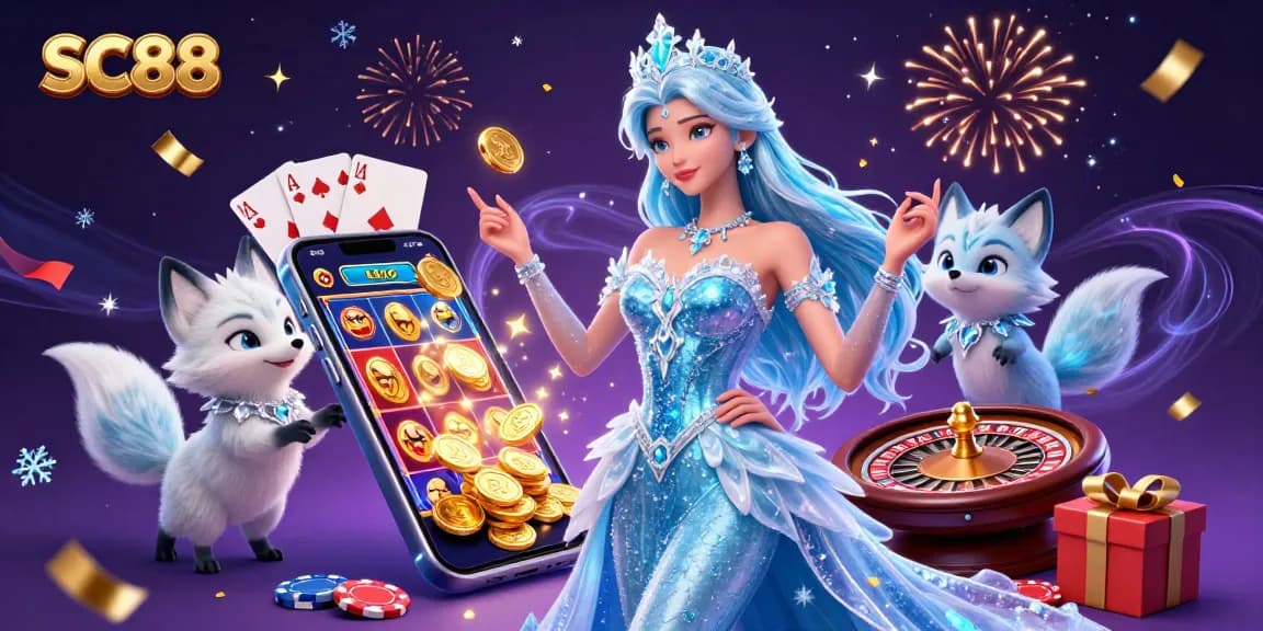 Experience the SC88 magic as the ice queen spins winning slots surrounded by shimmering casino treasures.