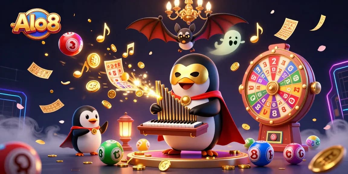 Alo8 showcases a vibrant 3D scene with a penguin playing a golden organ and dynamic lottery elements.