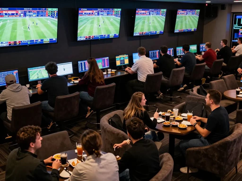 Experience the thrill of tỷ lệ kèo nhà cái in a lively sports betting lounge, with patrons placing bets on live events.