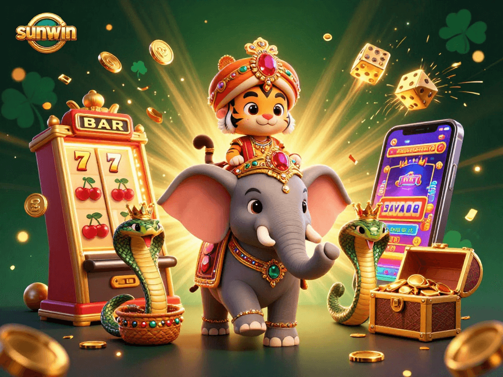 Win big with sunwin in an ultra-detailed 3D casino scene featuring vibrant characters and dynamic gaming elements.