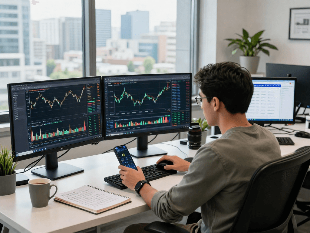 Comprar USDT en un moderno espacio de trabajo con un trader analizando tendencias del mercado.